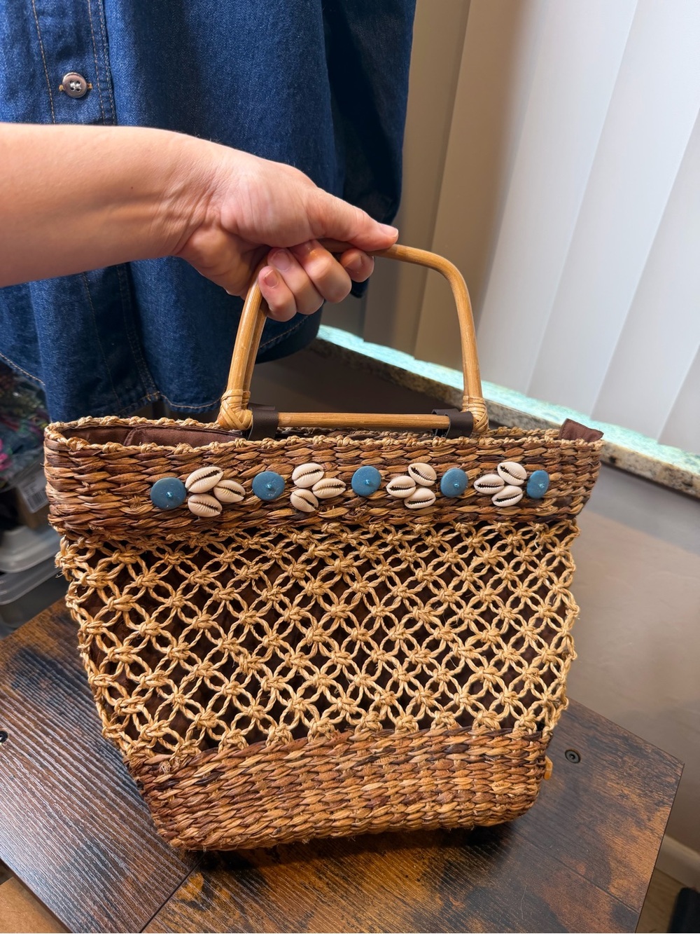 Nine West Woven Handbag with shell decor natural straw or seagrass weave shells